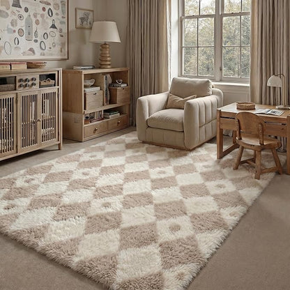 PureCozy Checkered Rug 5x7 Fluffy Shag Living Room Beige Area Rug Modern by PureCozy