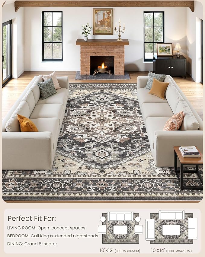 10x12 Vintage Area Rug: Washable Neutral Soft Non Slip Thin Large Floor Carpet - Image 8