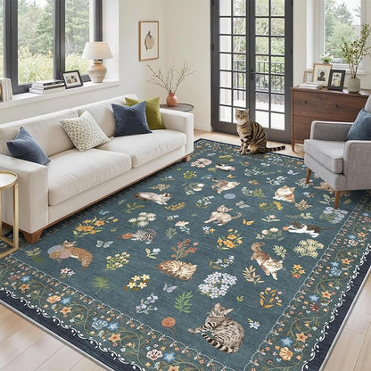 Soalmost Cat 6x9 Area Rugs for Living Room, Machine Washable Animal Floral by Soalmost