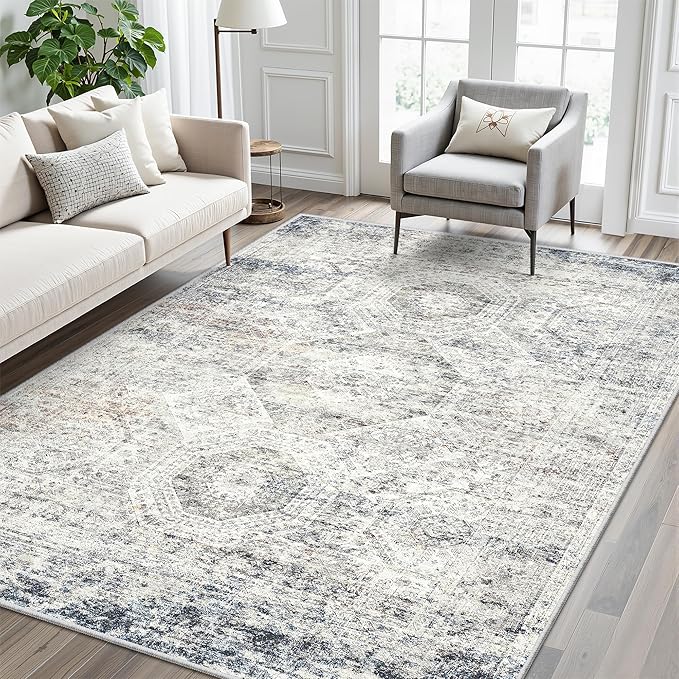 Soalmost 5x7 Area Rugs Blue Ivory Low Pile Indoor Washable Trendy Faded Style - Image 2