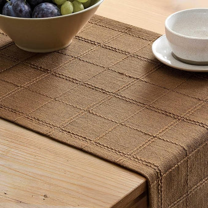 Linen Checked Farmhouse Table Runner, 13x36 Inches Roasted Brown | Raised Grid - Image 5