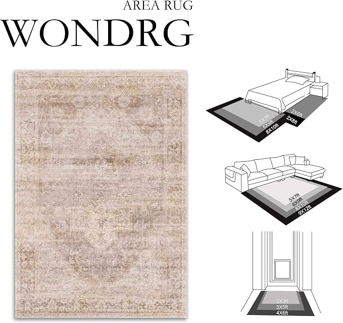 9x12 Neutral Area Rug Beige Vintage Living Room Bedroom Washable Carpet - Image 2