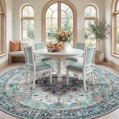 RELEANY Area Rugs Round 8ft Washable Non-Slip, Floral Vintage Distress - Image 2