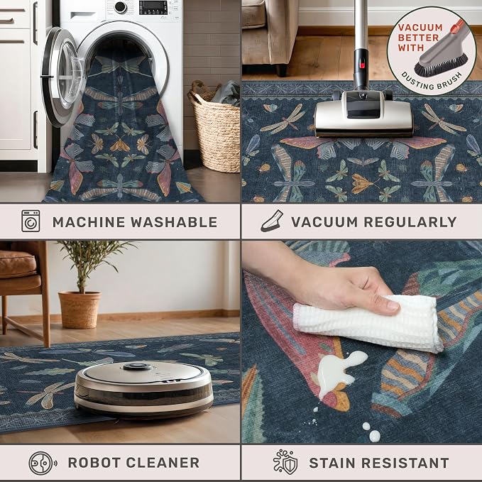 Dark Blue 2x4 Non Slip Bathroom Rug, Washable Vintage Boho Insect Carpet - Image 5