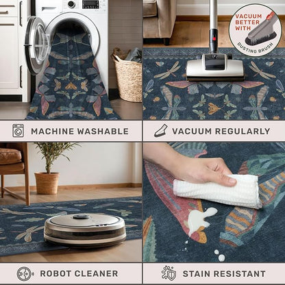 Dark Blue 2x4 Non Slip Bathroom Rug, Washable Vintage Boho Insect Carpet - Image 5