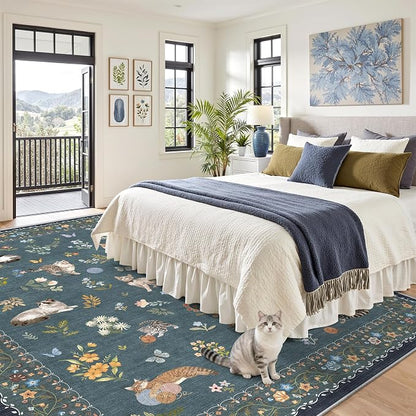 Soalmost Cat 8x10 Area Rugs for Living Room, Machine Washable Animal Floral - Image 4