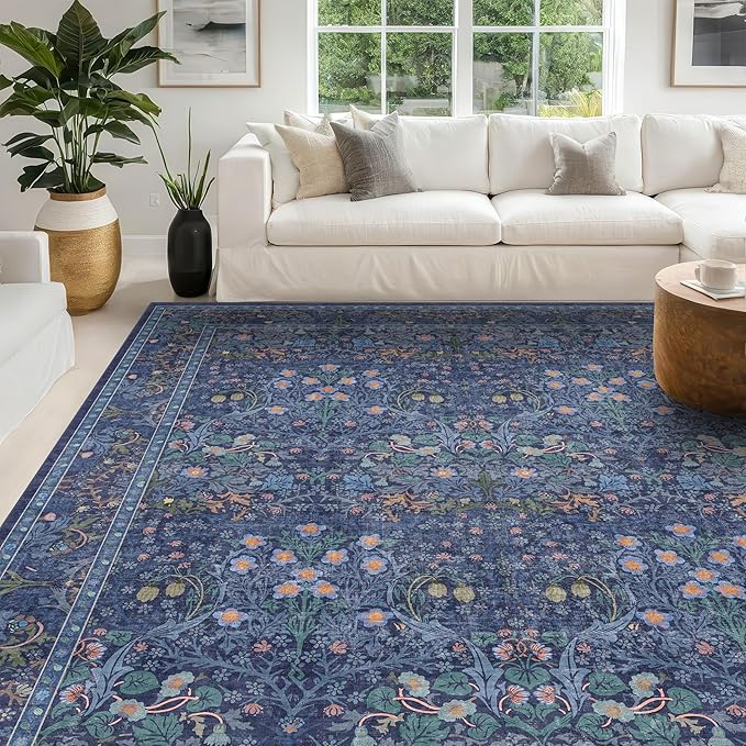 Hazo Haus Vintage Dark Blue Living Room Rug, 7x10 Washable Large Area Rugs by HazoHaus