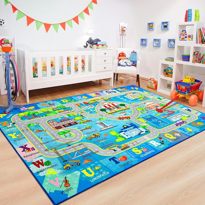 Chicrug 5x7 Car Road Area Rug for Kids Playroom Bedroom, Non Slip Low Pile - Image 6