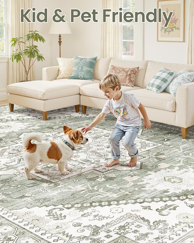 8x10 Vintage Area Rug: Washable Neutral Soft Non Slip Thin Large Floor Carpet - Image 6