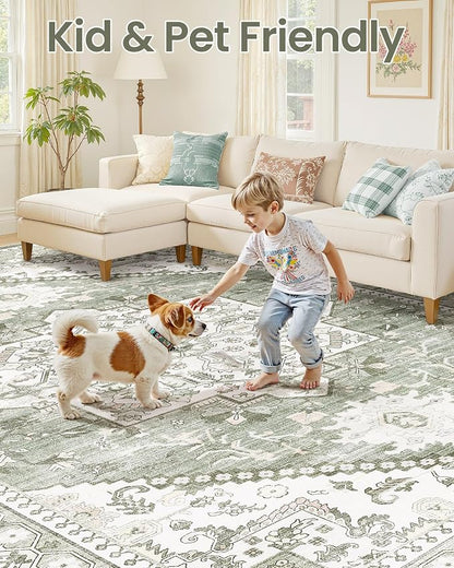 8x10 Vintage Area Rug: Washable Neutral Soft Non Slip Thin Large Floor Carpet - Image 6
