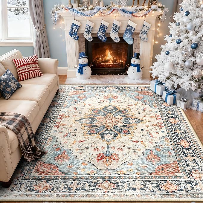 RELEANY Area Rugs 6'x8' Washable Non-Slip, Floral Vintage Distress Medallion by RELEANY