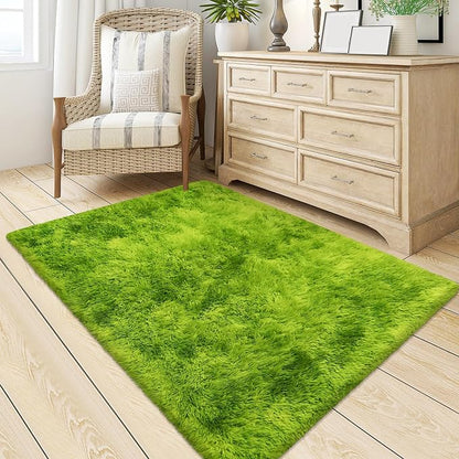 Tie Dyed Grass Green Rug 3x5 ft, Soft Plush Furry Shag Area Rugs Fluffy Fuzzy - Image 3