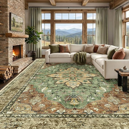 RELEANY Area Rugs Large 10'x12' Washable Non-Slip, Floral Vintage Distress by RELEANY