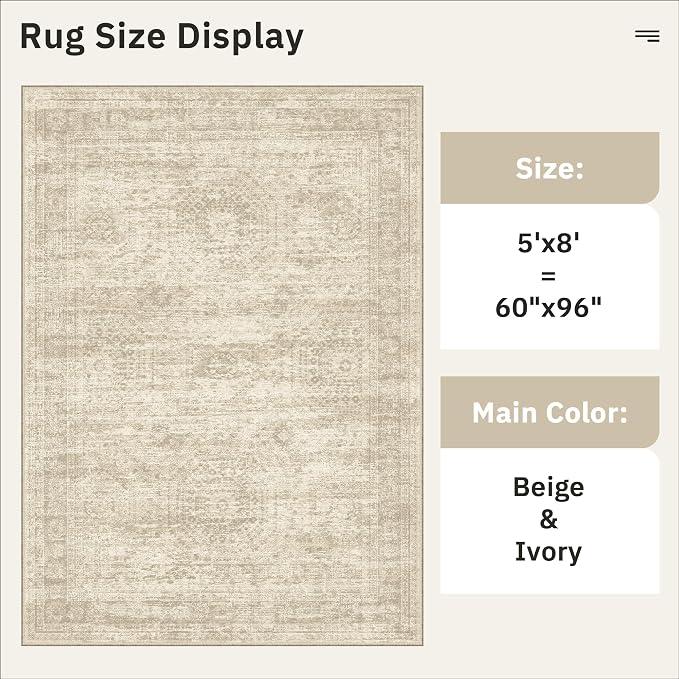 Soalmost 5x8 Area Rugs Beige Low Pile Indoor Washable Trendy Faded Style Rugs - Image 5