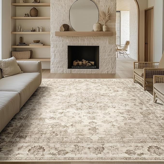8x10 Washable Neutral Area Rug Beige Vintage Living Room Bedroom Carpet by WondRg