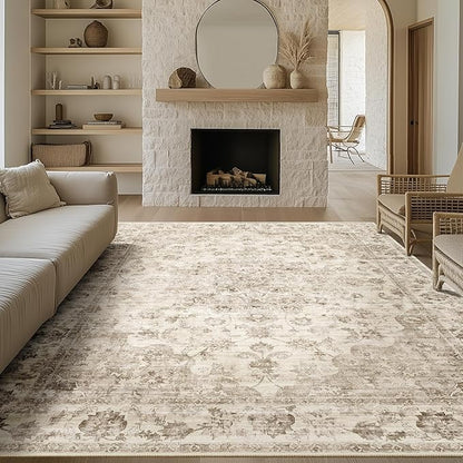 12x15 Neutral Area Rug Beige Vintage Living Room Bedroom Washable Carpet by WondRg