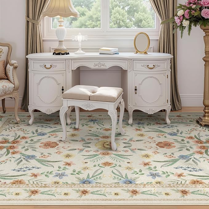 Beige Floral Area Rug 6x9, Neutral Washable Girls Bedroom Rug - Image 3
