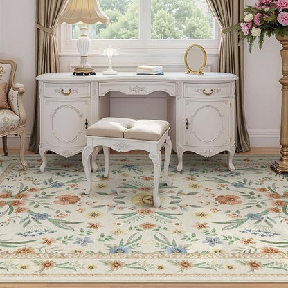 Beige Floral Area Rug 6x9, Neutral Washable Girls Bedroom Rug - Image 3