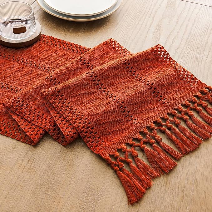 Macrame Style Boho Table Runner, 12x48 Inch Dark Orange | Woven Boho Table - Image 7
