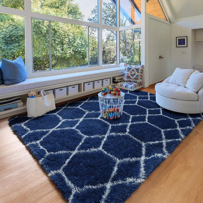 ONASAR Large 6x9 Area Rugs for Living Room, Fluffy Geometric Navy and White Rug - Image 9
