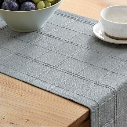 Linen Checked Farmhouse Table Runner, 13x90 Inches Chambray | Raised Grid Design - Image 5