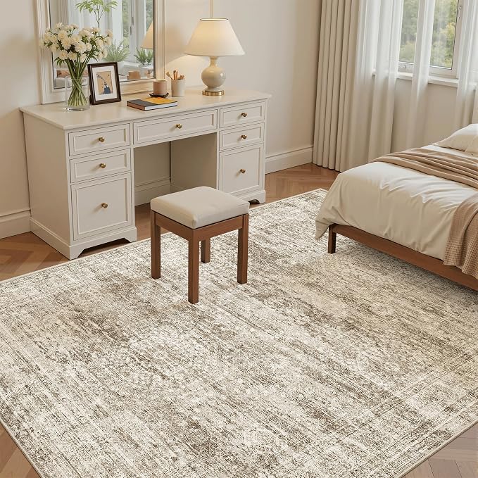 Soalmost 5x8 Area Rugs Brown Low Pile Indoor Washable Trendy Faded Style Rugs - Image 3