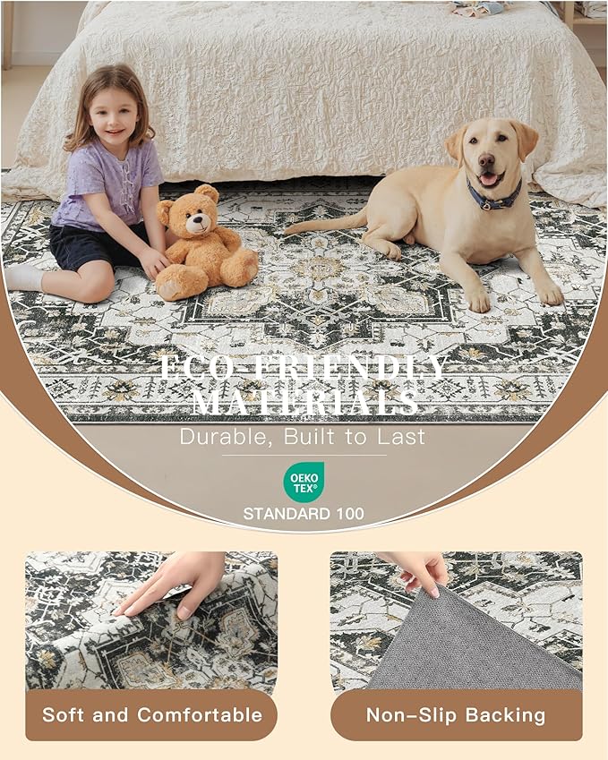Madane Area Rug 4x6 Washable Rugs: Vintage Living Room Rug Soft Low Pile Non - Image 5