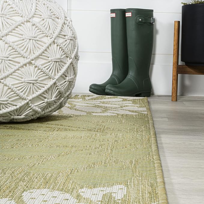JONATHAN Y Floral Textured Weave Indoor Outdoor Round Area Rug 5 Ft Green/Cream - Image 4