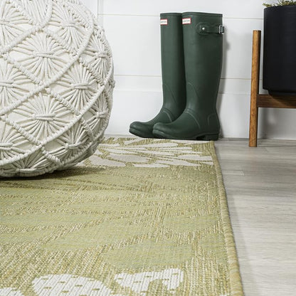 JONATHAN Y Floral Textured Weave Indoor Outdoor Round Area Rug 5 Ft Green/Cream - Image 4