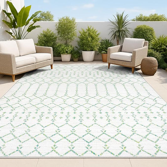 JONATHAN Y Moroccan Geometric Indoor Outdoor Area Rug 3X5 Green/Ivory, Ourika by JONATHANY