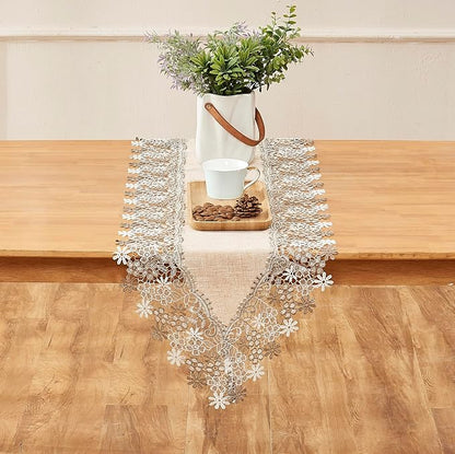 Natural Beige Floral Lace Table Runner Dresser Scarf | Rustic Farmhouse Style - Image 2