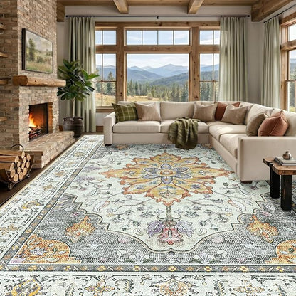 RELEANY Area Rugs Large 9'x12' Washable Non-Slip, Floral Vintage Distress by RELEANY