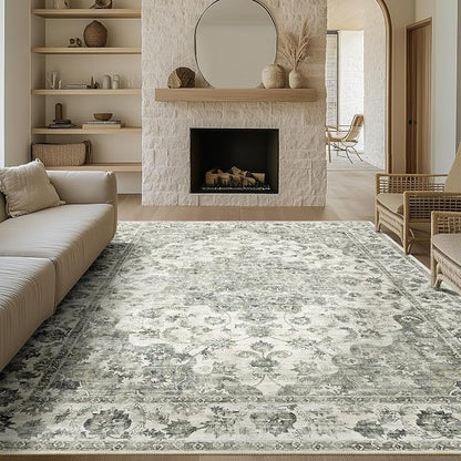 9x12 Neutral Area Rug Green Vintage Living Room Bedroom Washable Carpet - Image 3