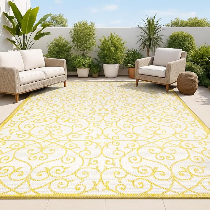 JONATHAN Y Vintage Filigree Indoor Outdoor Area Rug 8X10 Cream/Yellow, Madrid by JONATHANY