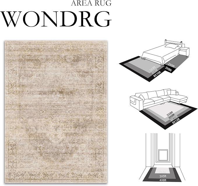 6x9 Washable Neutral Area Rug Beige Vintage Living Room Bedroom Carpet Non-Slip - Image 2