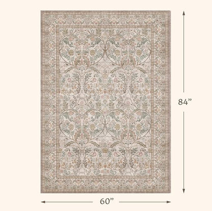 Moss Green 5x7 Washable Living Room Rug, Vintage Farmhouse Dining Room Rugs - Image 2