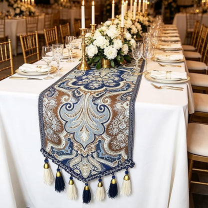 Victorian Jacquard Table Runner 63" Navy Blue - Image 2