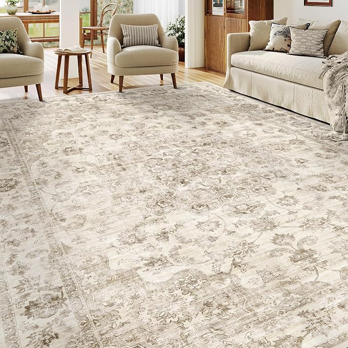 8x10 Washable Neutral Area Rug Beige Vintage Living Room Bedroom Carpet - Image 3