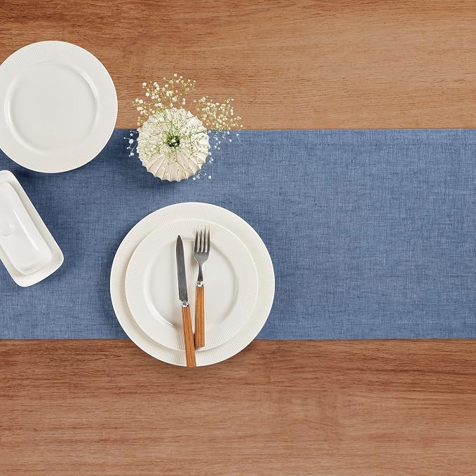 Solino Home 100% Pure Linen Table Runner Blue Denim, Athena 14 x 108 in | Table - Image 3