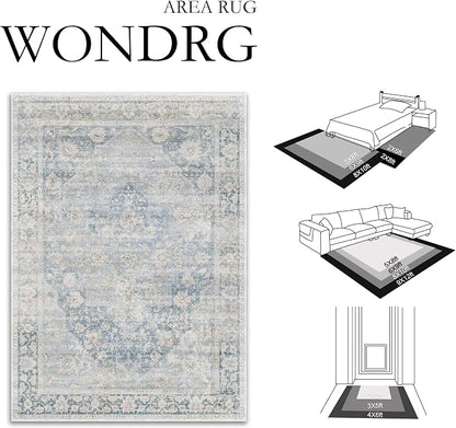 5x7 Washable Neutral Area Rug Blue Vintage Living Room Bedroom Carpet Non-Slip - Image 2