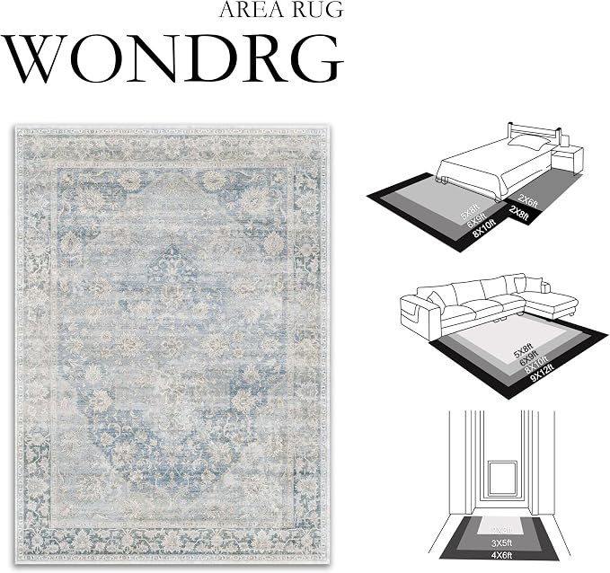 9x12 Neutral Area Rug Blue Vintage Living Room Bedroom Washable Carpet Non-Slip - Image 2