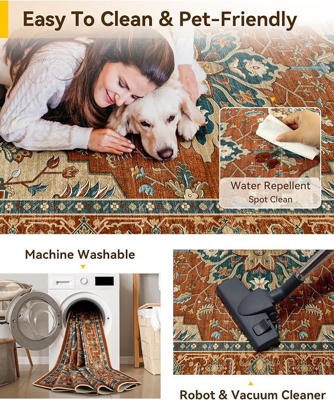 RELEANY Area Rugs Large 9'x12' Washable Non-Slip, Floral Vintage Distress - Image 6
