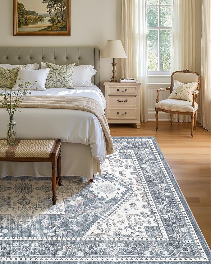 5x7 Vintage Area Rug: Washable Neutral Soft Non Slip Thin Large Floor Carpet - Image 3