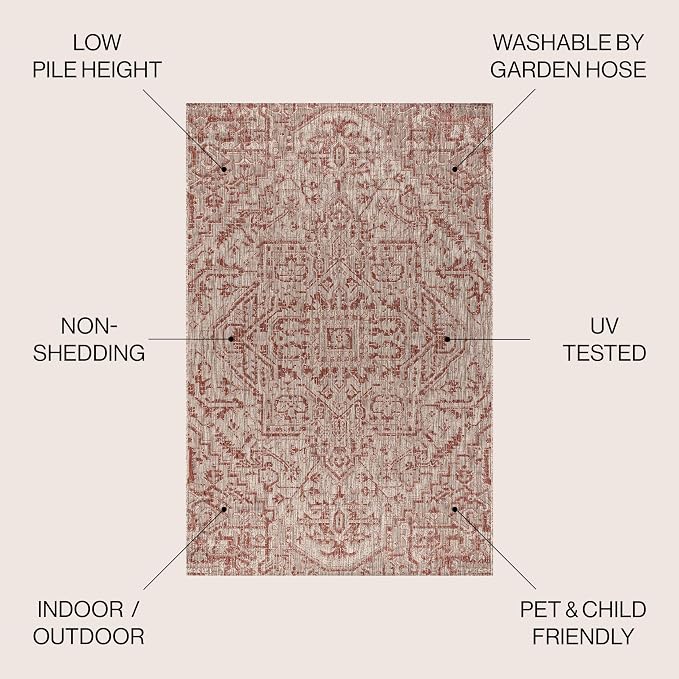 JONATHAN Y Boho Medallion Indoor Outdoor Area Rug 5X8 Red/Taupe, Estrella - Image 3
