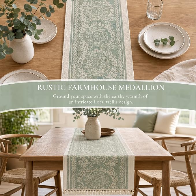 14x63 Medallion Table Runner Waterproof Rustic Farmhouse Macrame | Tired of a - Image 6