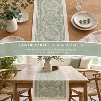 14x63 Medallion Table Runner Waterproof Rustic Farmhouse Macrame | Tired of a - Image 6
