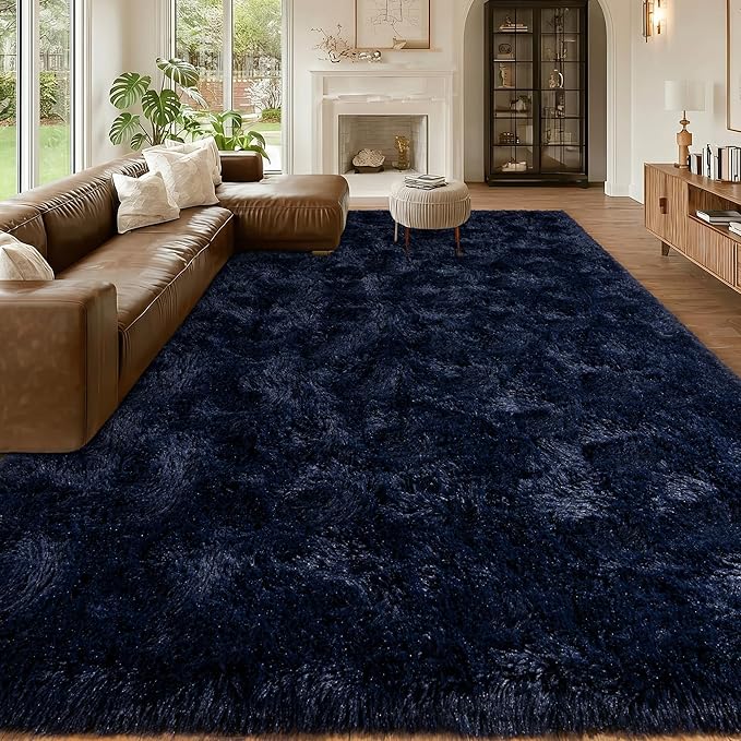 Navy Blue Rug for Living Room, 9x12 Large Fluffy Rugs for Bedroom, Soft Carpet by MUGORN