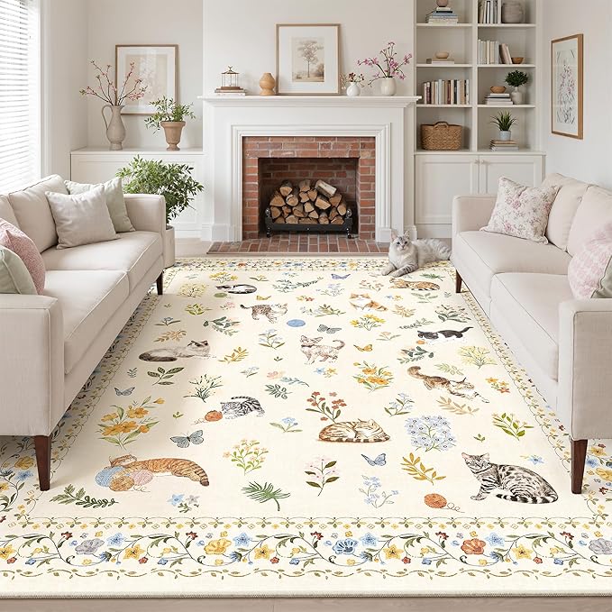 Soalmost Cat 9x12 Area Rugs for Living Room, Machine Washable Animal Floral by Soalmost