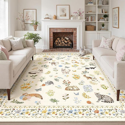 Soalmost Cat 9x12 Area Rugs for Living Room, Machine Washable Animal Floral by Soalmost