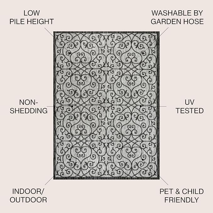 JONATHAN Y Vintage Filigree Indoor Outdoor Round Area Rug 8 Ft Light Gray/Black - Image 2